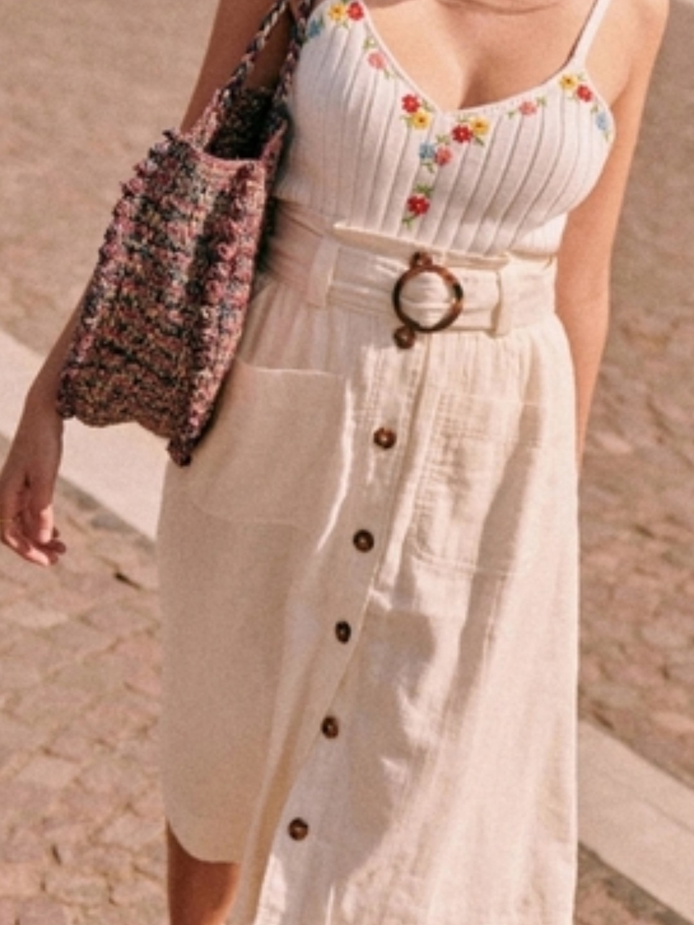 Sezane Cream High-Waist Button-Front Midi Skirt with Belt (FR Size 38)